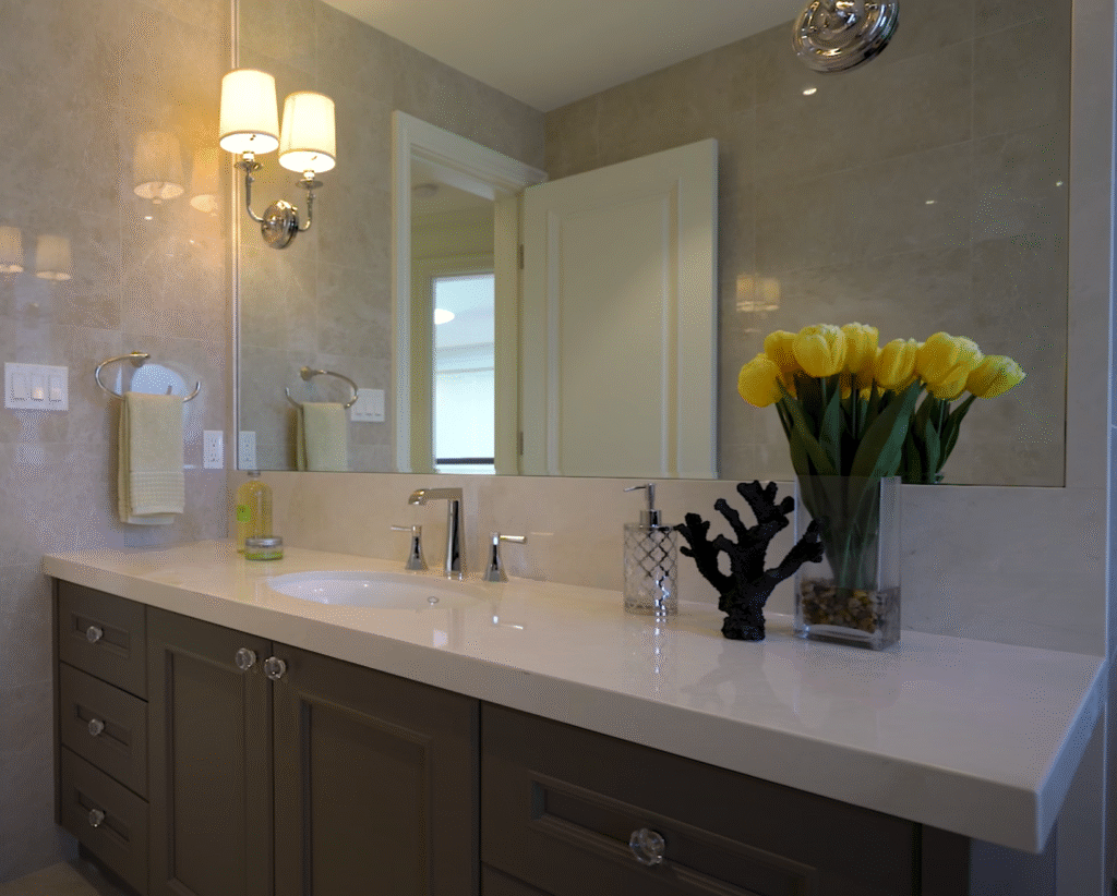 Bathroom remodeling project with vanity and quartz countertop
