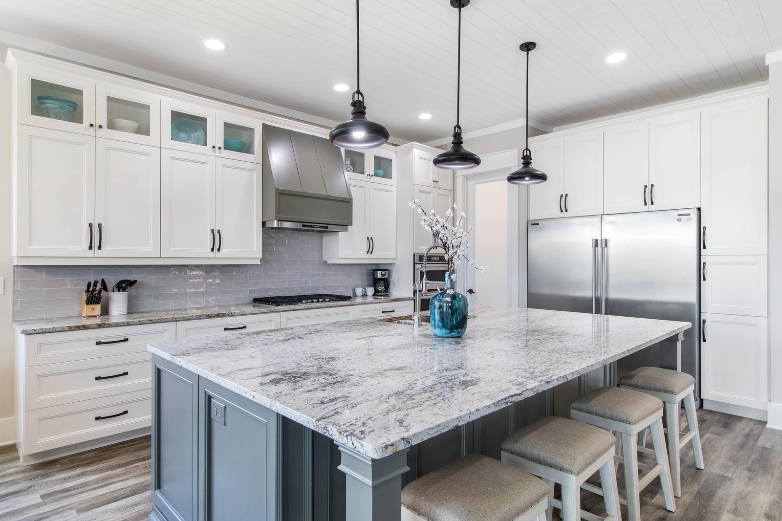 A modern kitchen interior with kitchen island